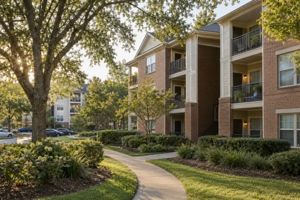 Brick apartment buildings with balconies and landscaped grounds